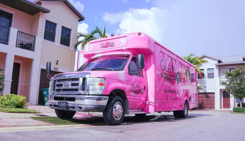 Glam N' Party mobile spa bus parked for a girls birthday party in Miami
